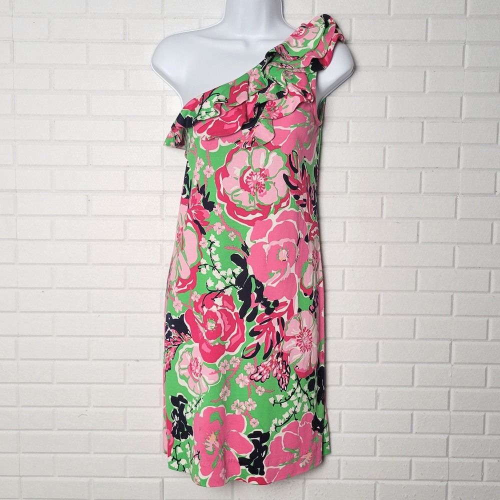 Lilly Pulitzer One-Shoulder Whinnie Dress Sz M‎ A Thing Called Love Floral Silk